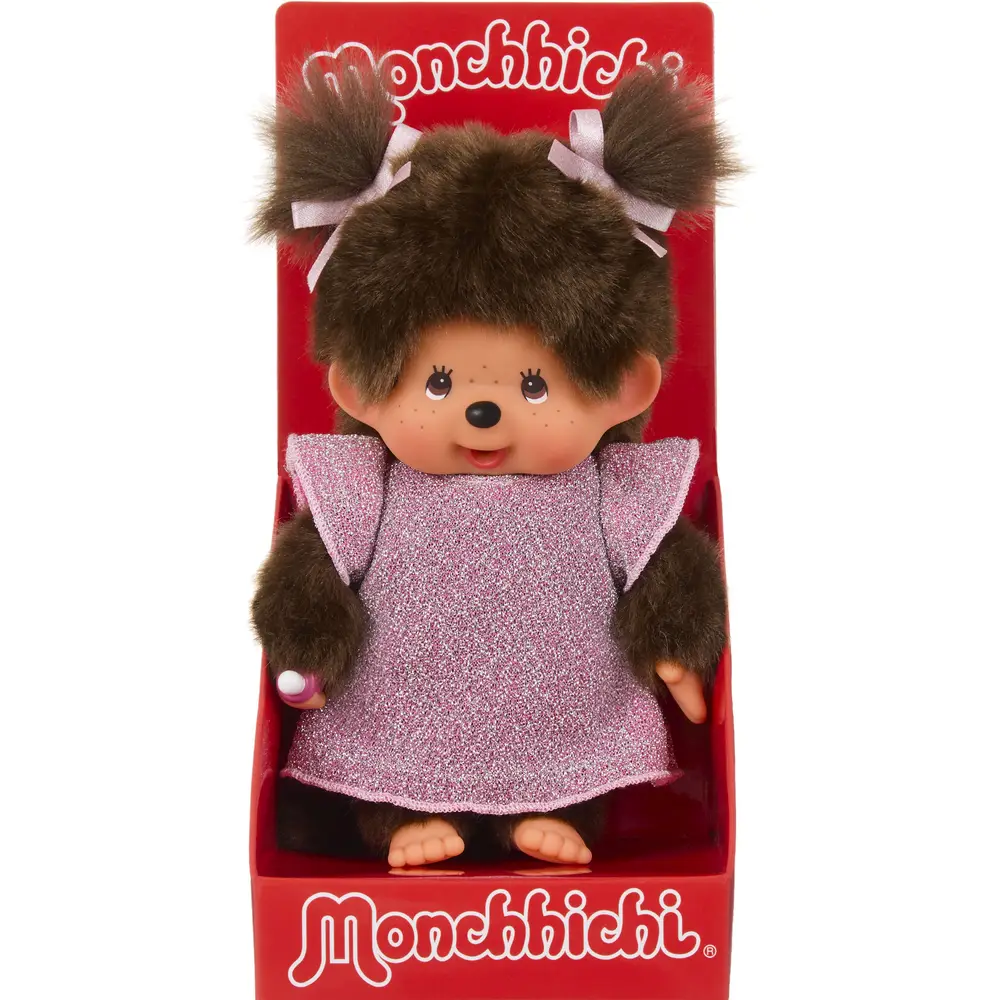 Muñeca Monchhichi niña vestido rosa brillante 20 cm peluche juguete