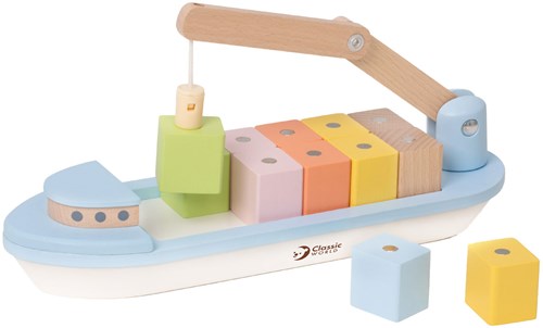 Classic World barco de bloques de madera con grúa - juguete magnético 13 piezas