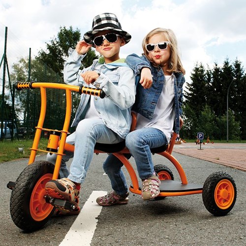 Top Trike triciclo taxi amarillo con barra de empuje y espacio de almacenamiento