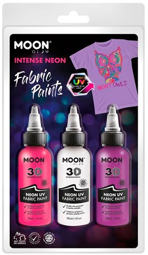 Haza set de pintura textil neón - pintura ropa UV blanco rosa morado 3x30ml