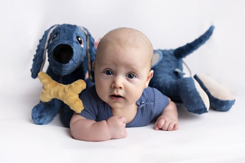 Mom's Care juguete sensorial para bebé - peluche salchicha azul y protector de cuna-2
