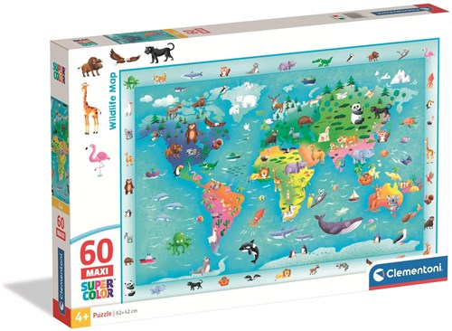Clementoni puzzle - 60 piezas maxi - Mapa de la vida salvaje 2025 - juguete educativo