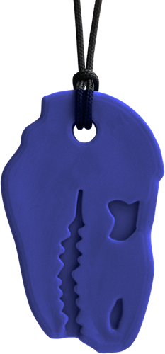 ARK Therapeutic collar mordedor T-Rex juguete sensorial azul oscuro Stevige, brede kauwketting in T-Rex-vorm, geliefd bij dinofans, voor kinderen en volwassenen.