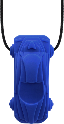 ARK Therapeutic collar mordedor coche de carreras juguete sensorial azul oscuro Kauwketting in raceautovorm met aerodynamische textuur voor stevige kauwers.