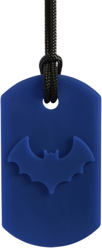 ARK Therapeutic collar mordedor Bat Bite azul oscuro juguete sensorial Kauwketting met vleermuismotief voor stevige kauwers die sensorische steun zoeken.