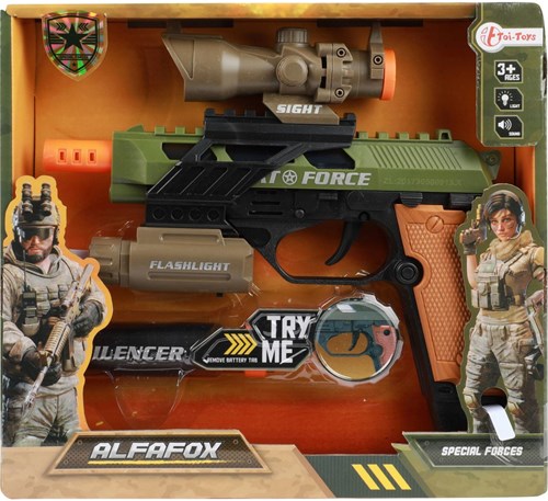 Pistola militar de juguete con luz, sonido, silenciador y linterna