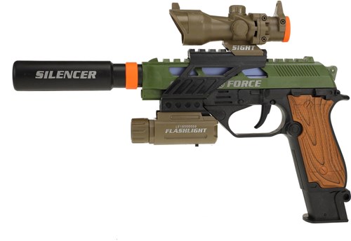 Pistola militar de juguete con luz, sonido, silenciador y linterna-2