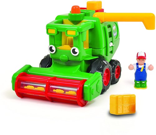 WOW Toys vehículo de juguete cosechadora verde con granjero y pacas de heno