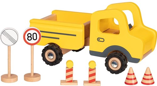 Goki camión de madera vehículo de construcción con señales de tráfico 7 piezas