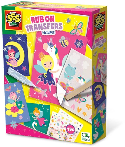 Ses set creativo rub on transfers tarjetas con pegamento glitter para niños