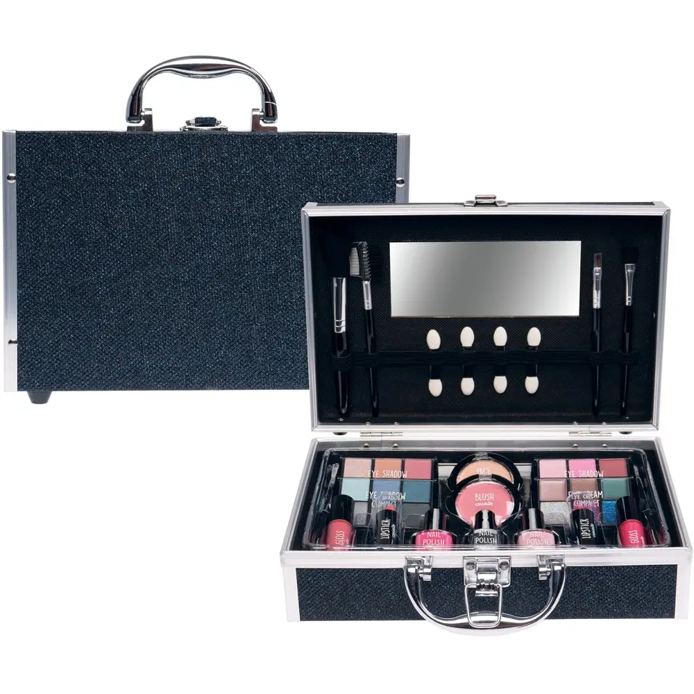 Maletín maquillaje aluminio azul negro purpurina - set maquillaje niños