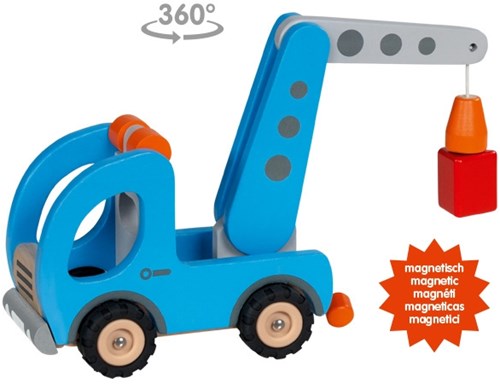 Goki camión grúa de madera vehículo de juguete con remolque magnético-3