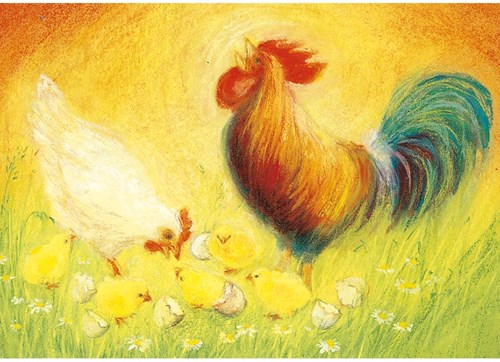 Mercurius tarjeta gallo gallina pollitos ilustración animal colorida