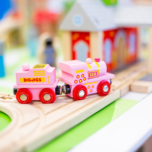 BigJigs locomotora de madera 123 con vagón - rosa - tren de juguete-3