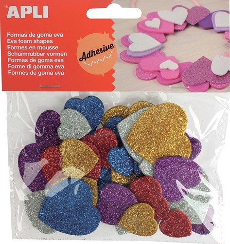 APLI Kids corazones de goma EVA con purpurina - 50 piezas autoadhesivas coloridas