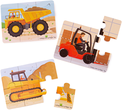 BigJigs puzzle de madera vehículos de construcción - 6 piezas - 3 puzzles