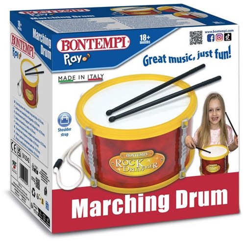 Bontempi tambor de juguete rojo con correa para el hombro y baquetas - instrumento musical para niños