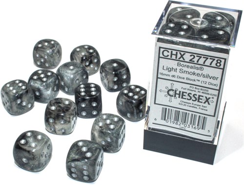 Chessex Borealis D6 16mm Juego de dados luminosos ahumados claros/plateados (12 piezas)