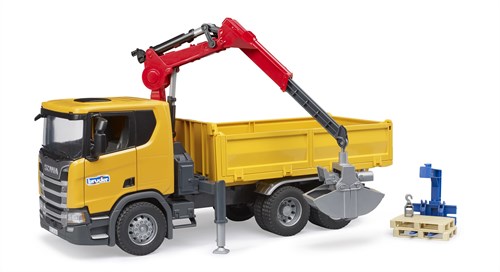 Bruder camión de construcción Scania Super 560R juguete con grúa y 2 palets