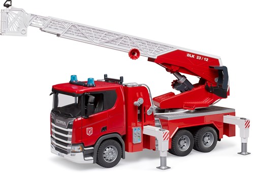 Bruder camión de bomberos escalera Scania Super 560R con bomba de agua y luz-sonido
