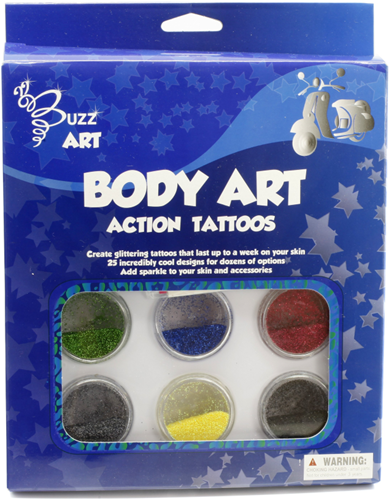 Buzz Retail set de tatuajes de purpurina con 6 colores y 25 diseños para niños