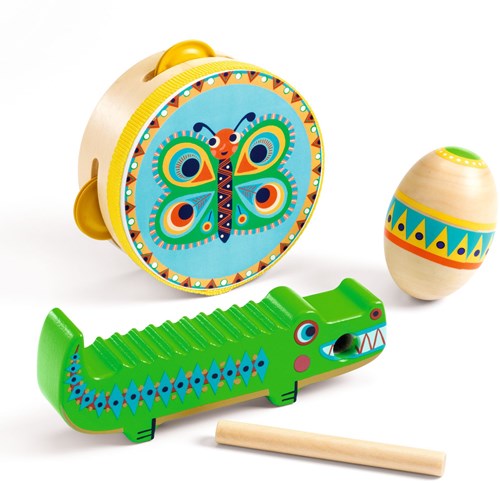 Djeco set de instrumentos musicales - pandereta, maracas, guiro madera FSC