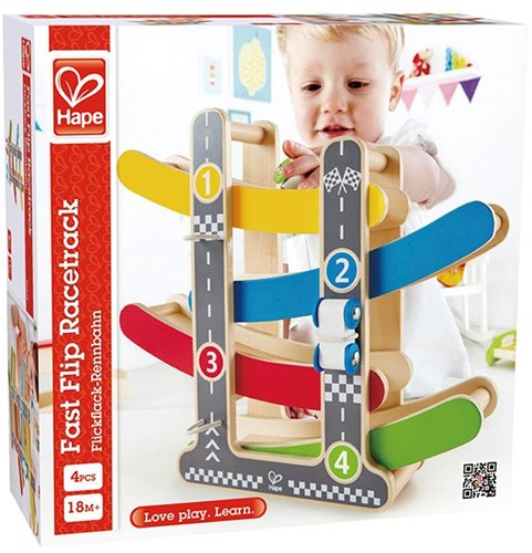 Hape pista de carreras de madera Fast Flip con 3 coches - juguete colorido-3