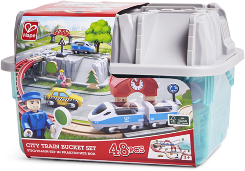 Hape set de tren City - ciudad y vías de juguete de madera-2