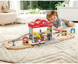 Hape set de tren de madera portátil con estación de almacenamiento juguete