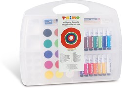 Primo Fantasia: estuche con 14 tubos de gouache de 12 ml y 15 pinturas de acuarela de 30 mm de diámetro, 1 pincel, 1 lápiz HB, 1 goma de borrar, 1 sacapuntas, 1 paleta para mezclar