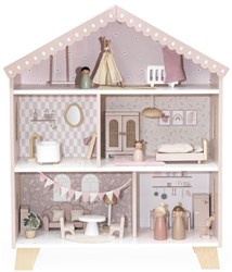 Label Label casa de muñecas de madera rosa con muñecas y muebles