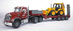 Bruder vehículo de construcción Mack Granite plataforma baja con pala JCB juguete
