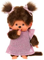 Muñeca Monchhichi niña vestido rosa brillante 20 cm peluche juguete-2