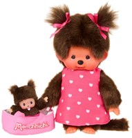 Muñeca de peluche Monchhichi 20 cm con MiniBebichhichi cesta juguete