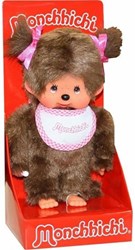Muñeca Monchhichi niña peluche babero rosa trenzas 20 cm peluche