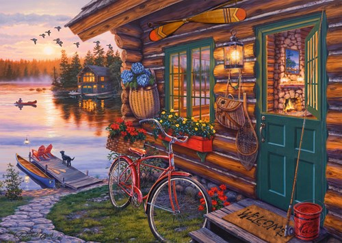 Schmidt puzzle paisaje Lakeside Cabin con bicicleta - 1000 piezas
