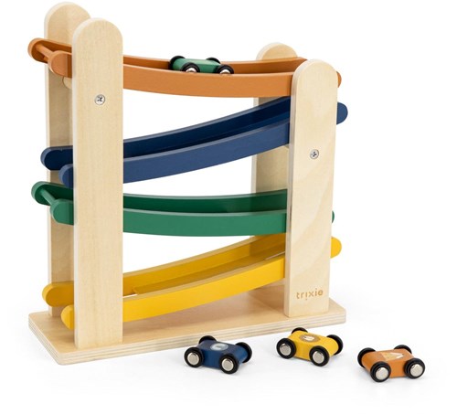 Trixie pista de carreras de madera - Juguete pista con 4 coches para niños pequeños
