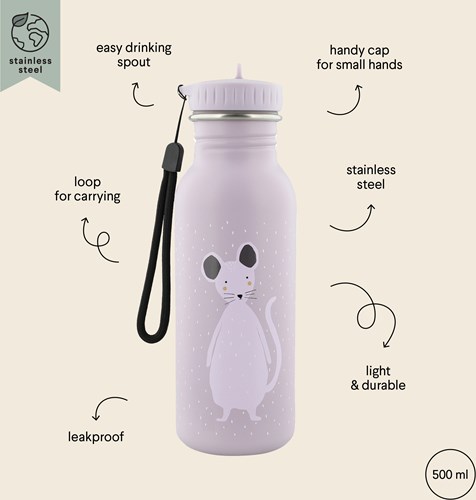 Trixie botella de agua acero inoxidable 500ml - Mrs. Mouse - botella infantil - a prueba de fugas - morado-3