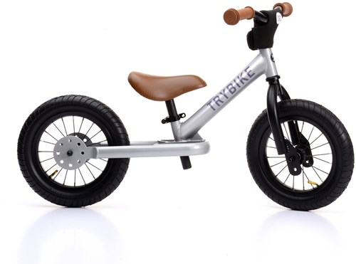 Trybike bicicleta de equilibrio acero plateado con manillares y sillín marrones - dos ruedas